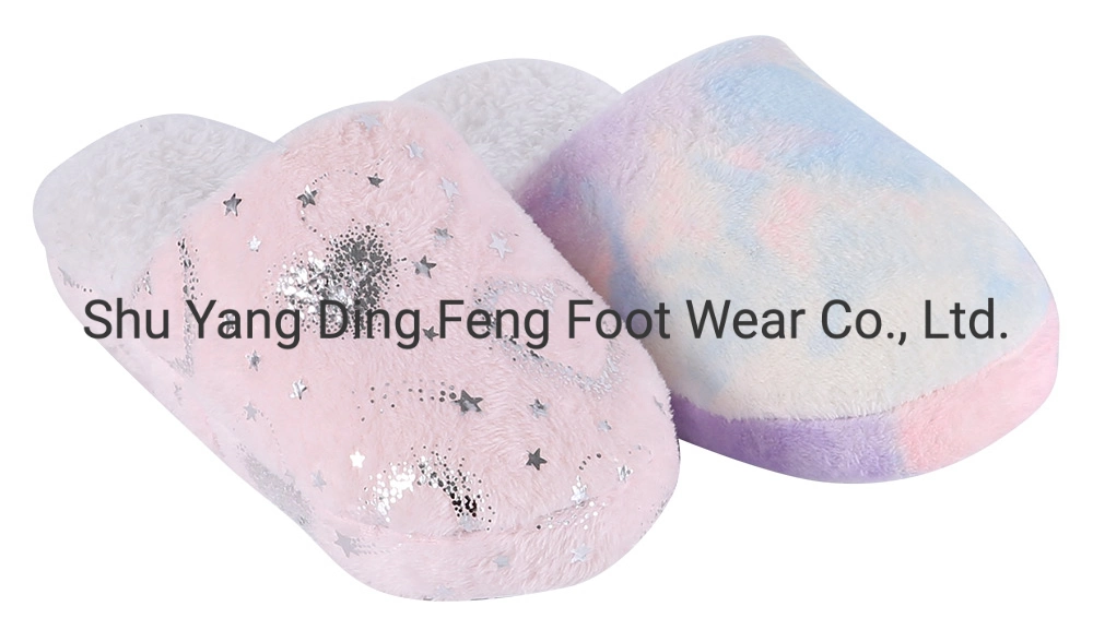 Autumn and Winter Household Children′s Flannel Color Gilding Printing Slippers Mute Wooden Floor Anti Slip Soft Sole